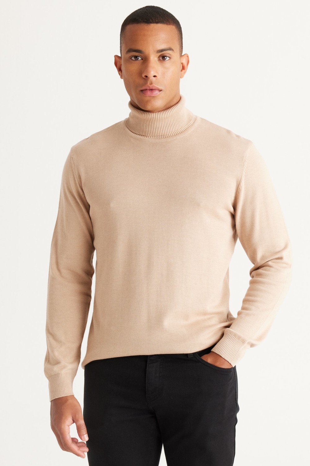 ALTINYILDIZ CLASSICS Men's Beige Melange Standard Fit Normal Cut Full Turtleneck Cotton Knitwear Sweater.