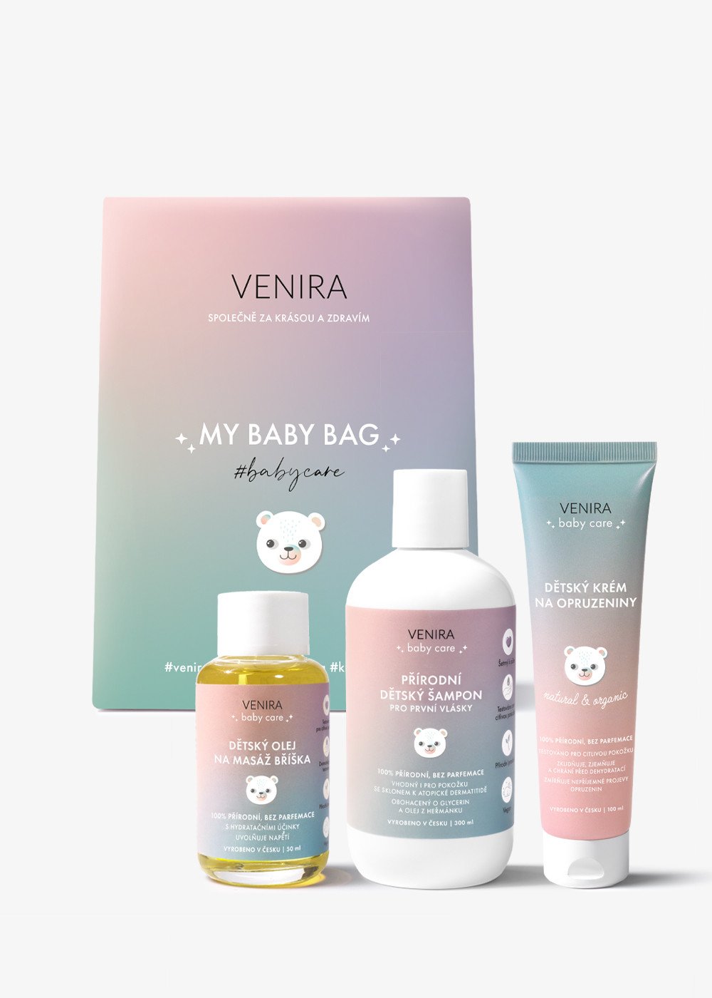 VENIRA beauty bag, dárková sada - dětský šampon pro první vlásky, dětský krém na opruzeniny, dětský olej na masáž bříška