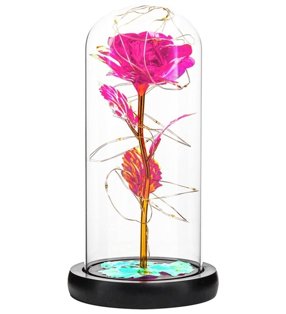 Věčná růže ve skleněné kopuli s LED osvětlením 19 cm - růžová