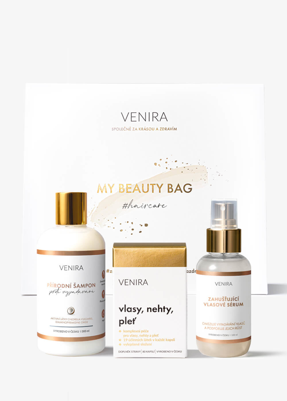 VENIRA beauty bag, dárková sada proti vypadávání vlasů - kapsle pro vlasy 80 kapslí, šampon proti vypadávání 300 ml, zahušťující vlasové sérum 100 ml