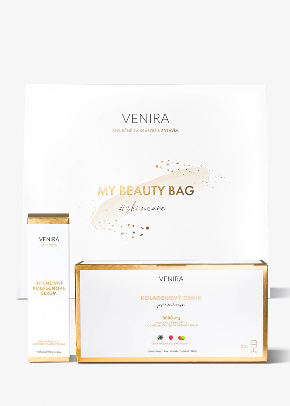 VENIRA beauty bag, dárková sada - intenzivní kolagenové sérum, PREMIUM kolagenový drink mix 3 příchutí