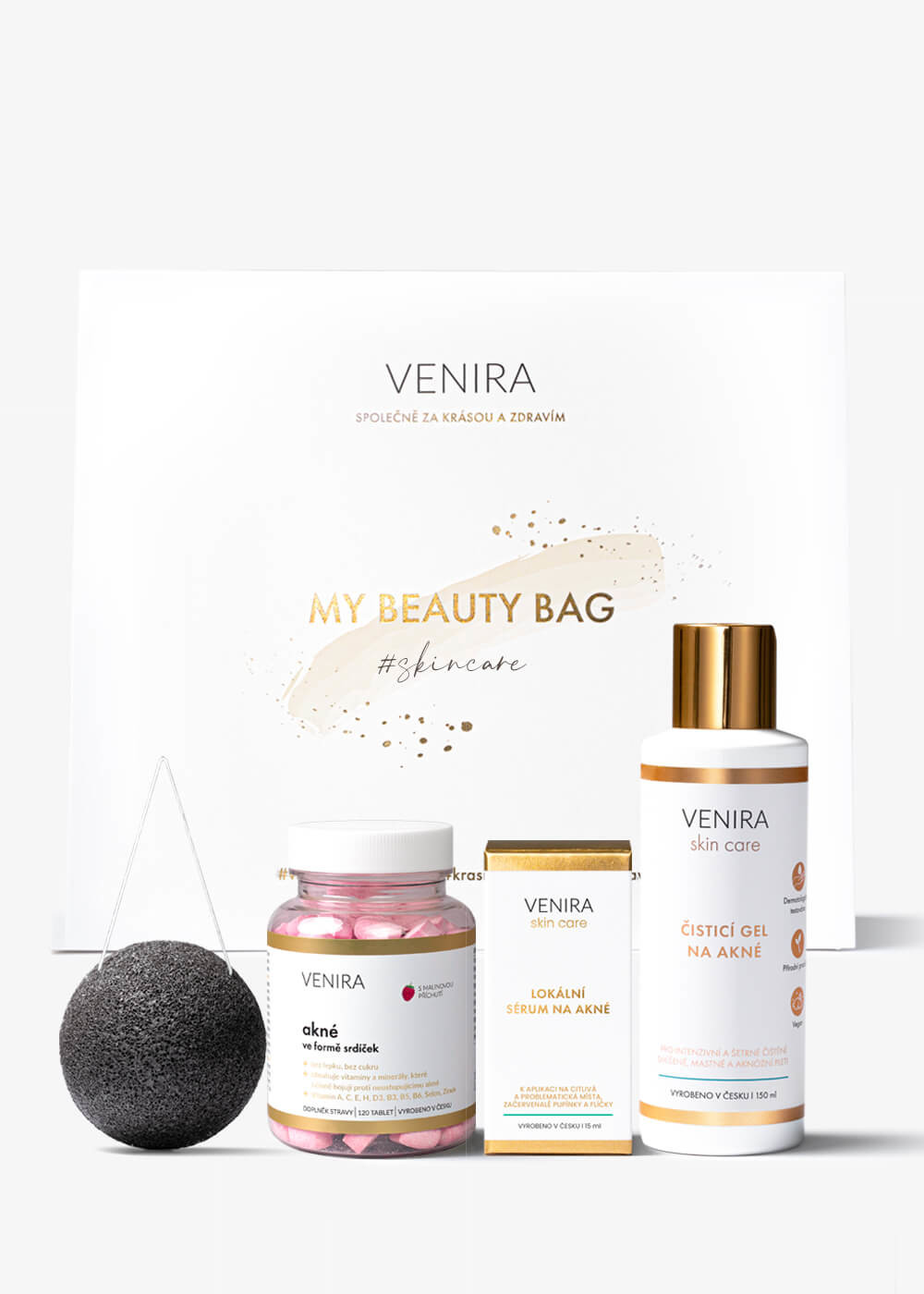 VENIRA beauty bag, dárková sada pro boj proti akné - srdíčka proti akné, čisticí gel na akné, lokální sérum na akné, konjaková houbička