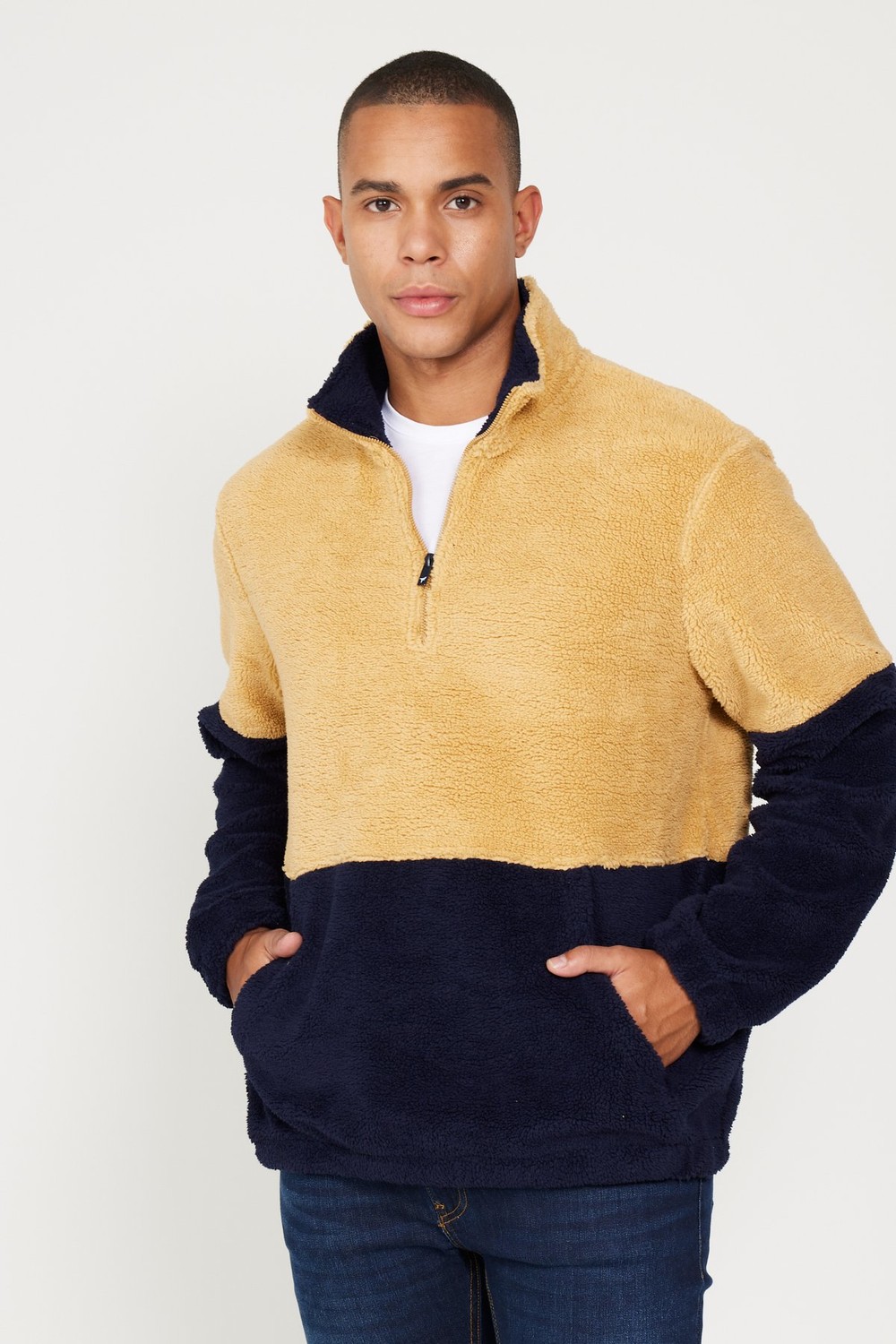 AC&Co / Altınyıldız Classics Men's Mustard-Navy Blue Standard Fit Bato Collar With Kangaroo Pocket Double-Color Sherpa Fleece Sweatshirt.