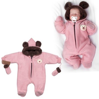 Oteplená pletená kombinéza s rukavičkama Teddy Bear, Baby Nellys, dvouvrstvá, růžová, vel. 56 (1-2m)