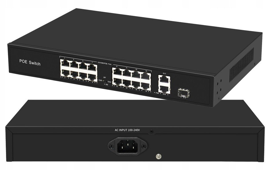 switch PoE 16x PoE 2x RJ45 1x Sfp 300W Extend Vlan Uplink Gigabitový