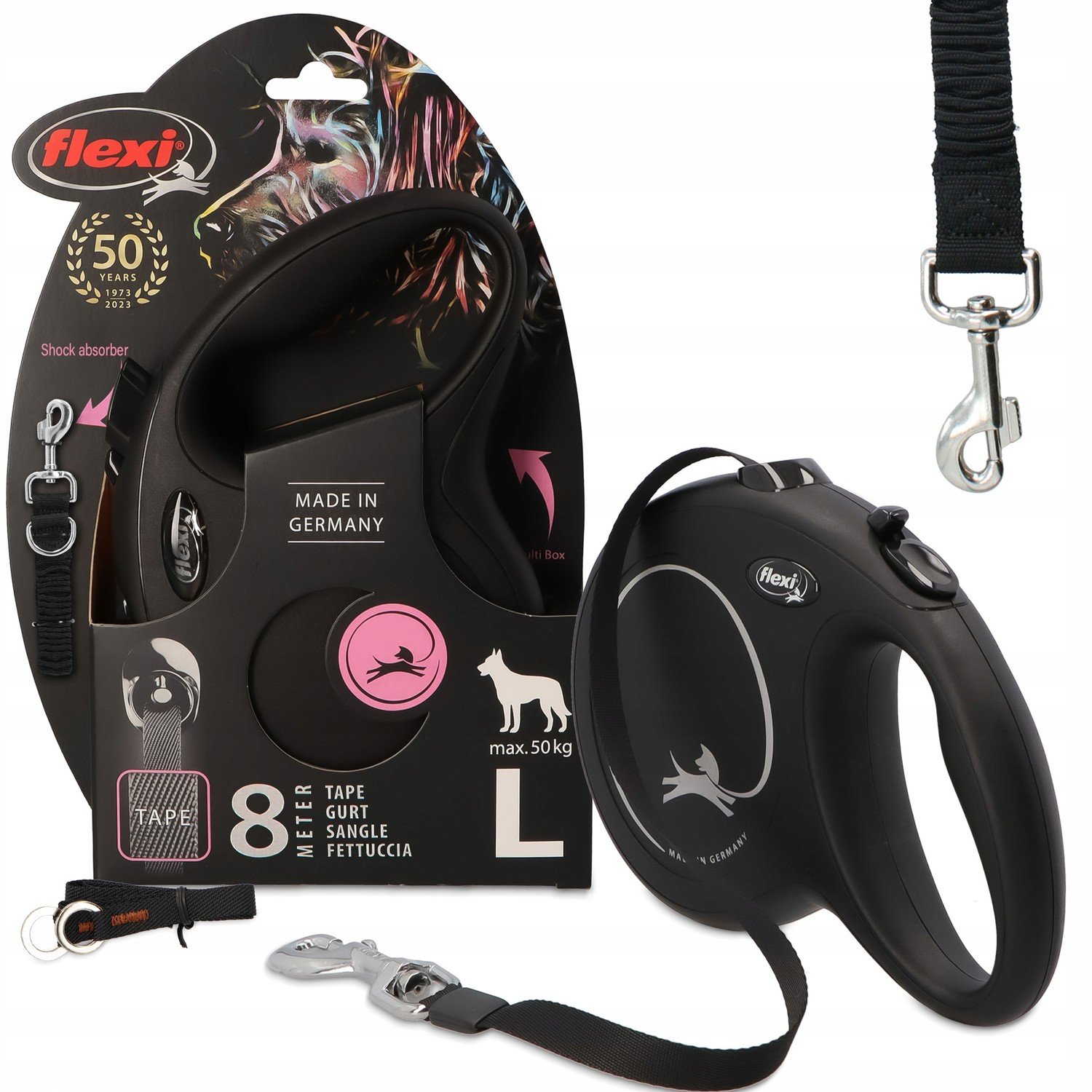 vodítko Automatický pes Páska navíjecí blokádou 50kg 8m Tlumiče 35cm L-XL