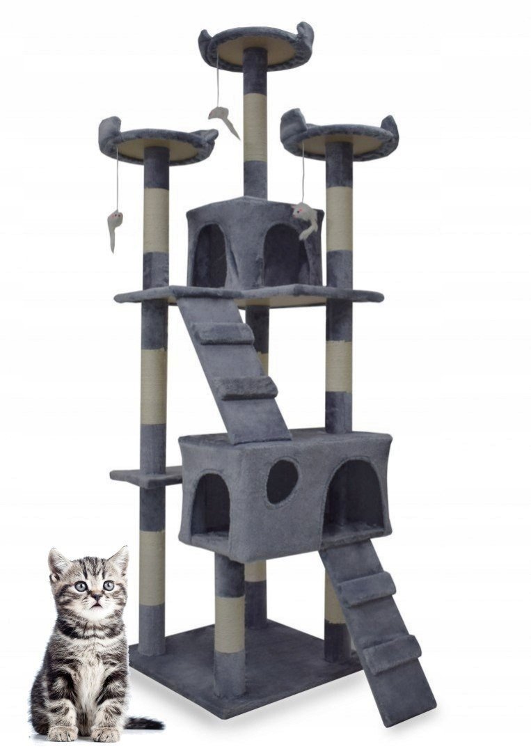 Škrabadlo pro kočky 170cm Dřevko Věž Domky XXL 7 úrovní Schůdky