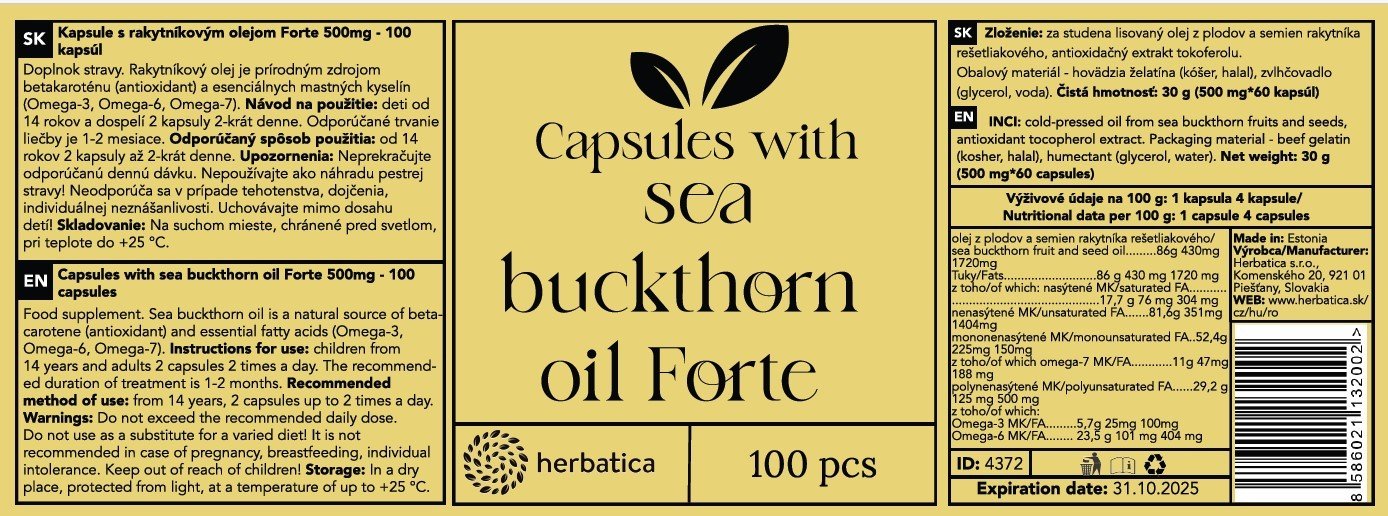 Rakytníkový olej Forte v kapslích/500mg - 100 kapslí - Herbatica