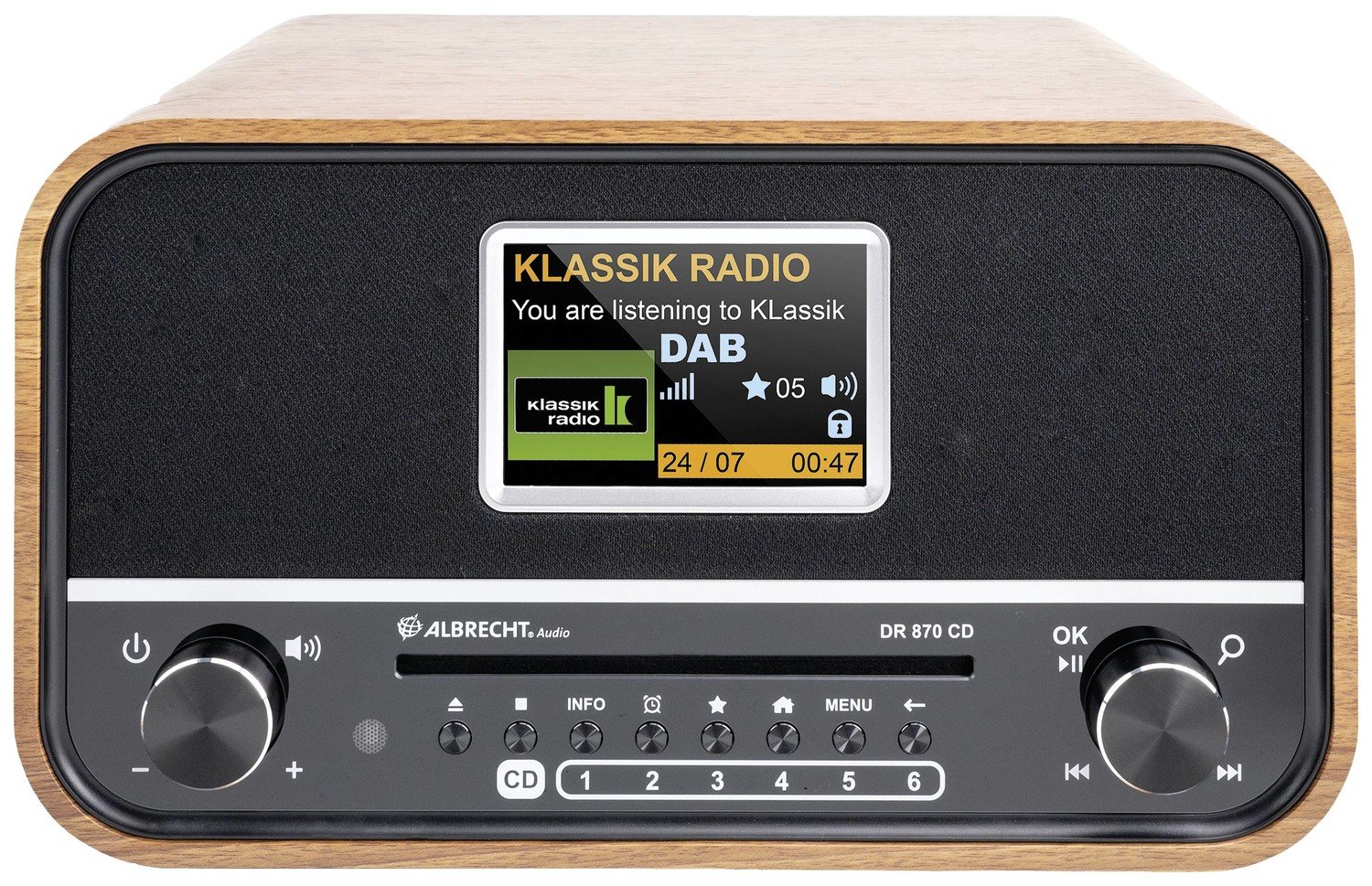 Albrecht DR 870 CD Seniorenradio, DAB plus / UKW/ CD/ USB stolní rádio DAB plus , FM DAB plus , FM, Bluetooth funkce alarmu, vč. dálkového ovládání vlašský ořech, černá