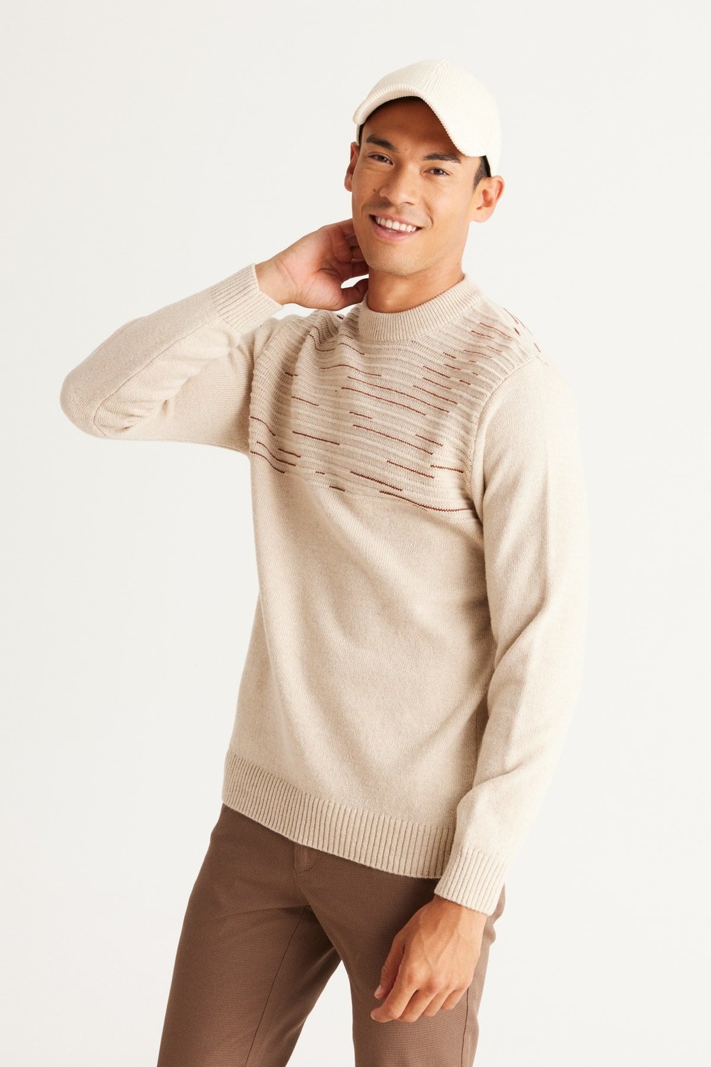 AC&Co / Altınyıldız Classics Men's Beige-tile Standard Fit Normal Cut Half Turtleneck Wool Knitwear Sweater.