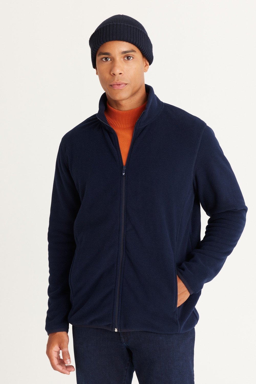 AC&Co / Altınyıldız Classics Men's Navy Blue Anti-pilling Anti-Pilling Standard Fit Bato Collar Sweatshirt Fleece Jacket.