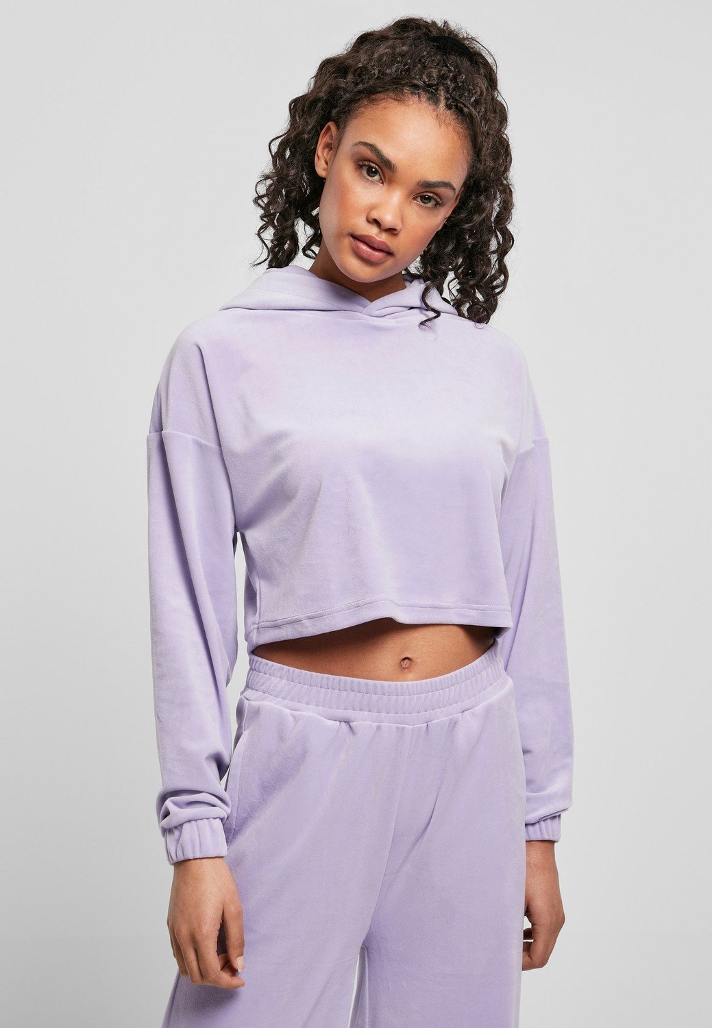 Ladies Cropped Velvet Oversized Hoody levandule