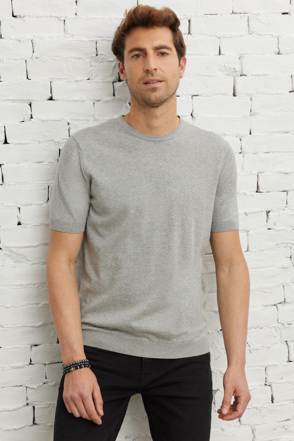 ALTINYILDIZ CLASSICS Men's Gray Standard Fit Normal Cut Crew Neck 100% Cotton Short Sleeve Knitwear T-Shirt.