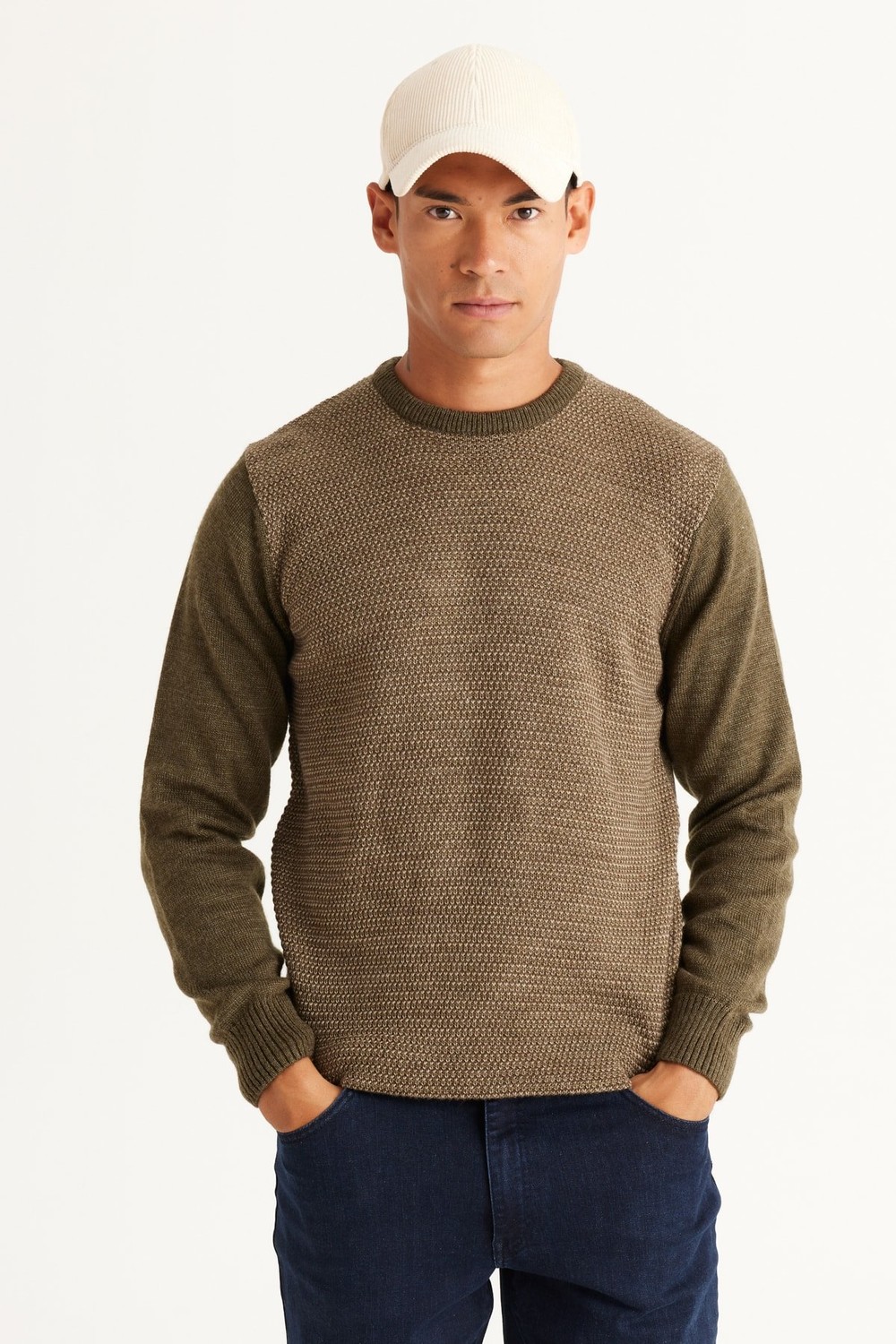 AC&Co / Altınyıldız Classics Men's Khaki-beige Standard Fit Normal Cut, Crew Neck Honeycomb Patterned Knitwear Sweater.