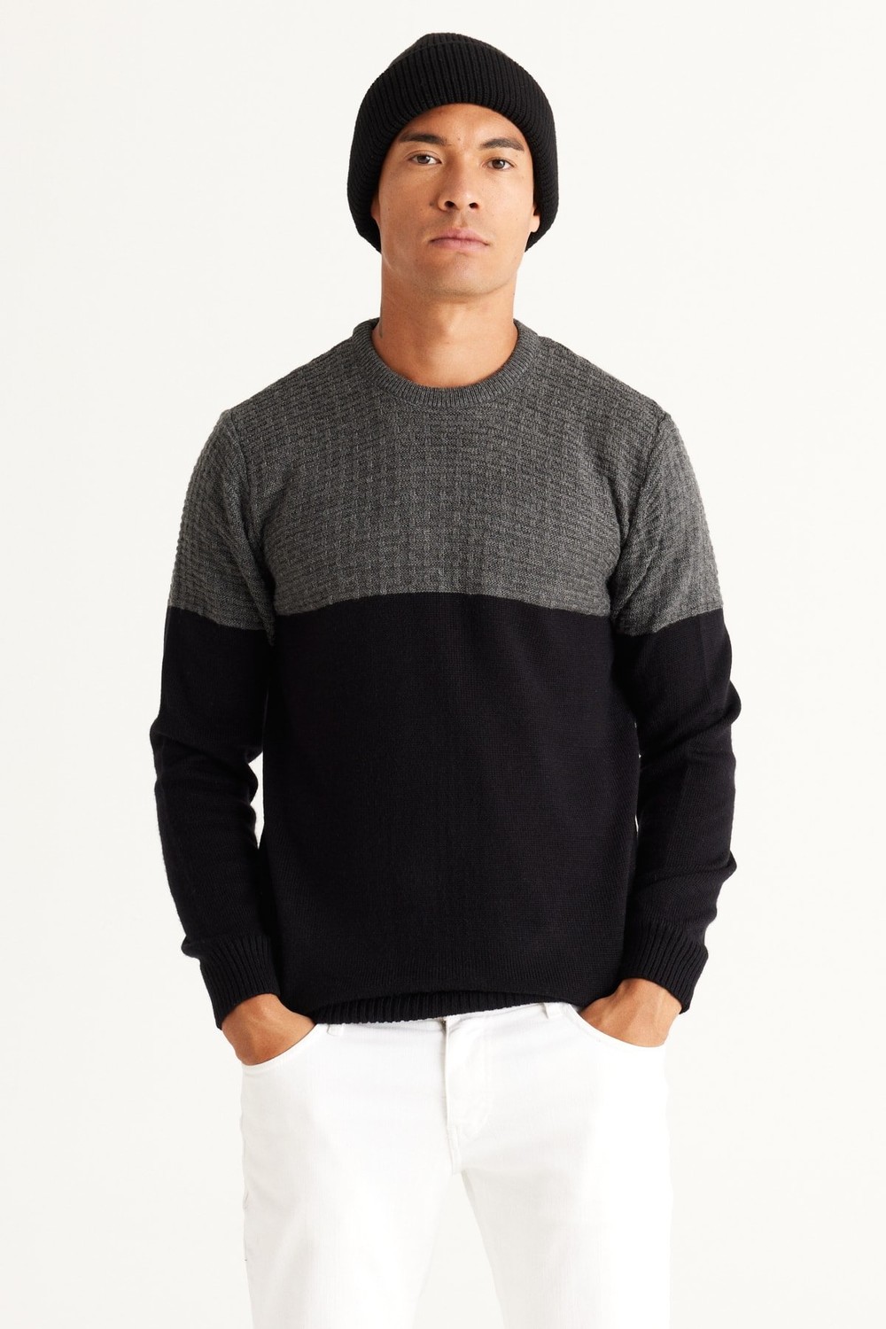 AC&Co / Altınyıldız Classics Men's Anthracite-black Standard Fit Normal Cut Crew Neck Colorblok Patterned Knitwear Sweater.