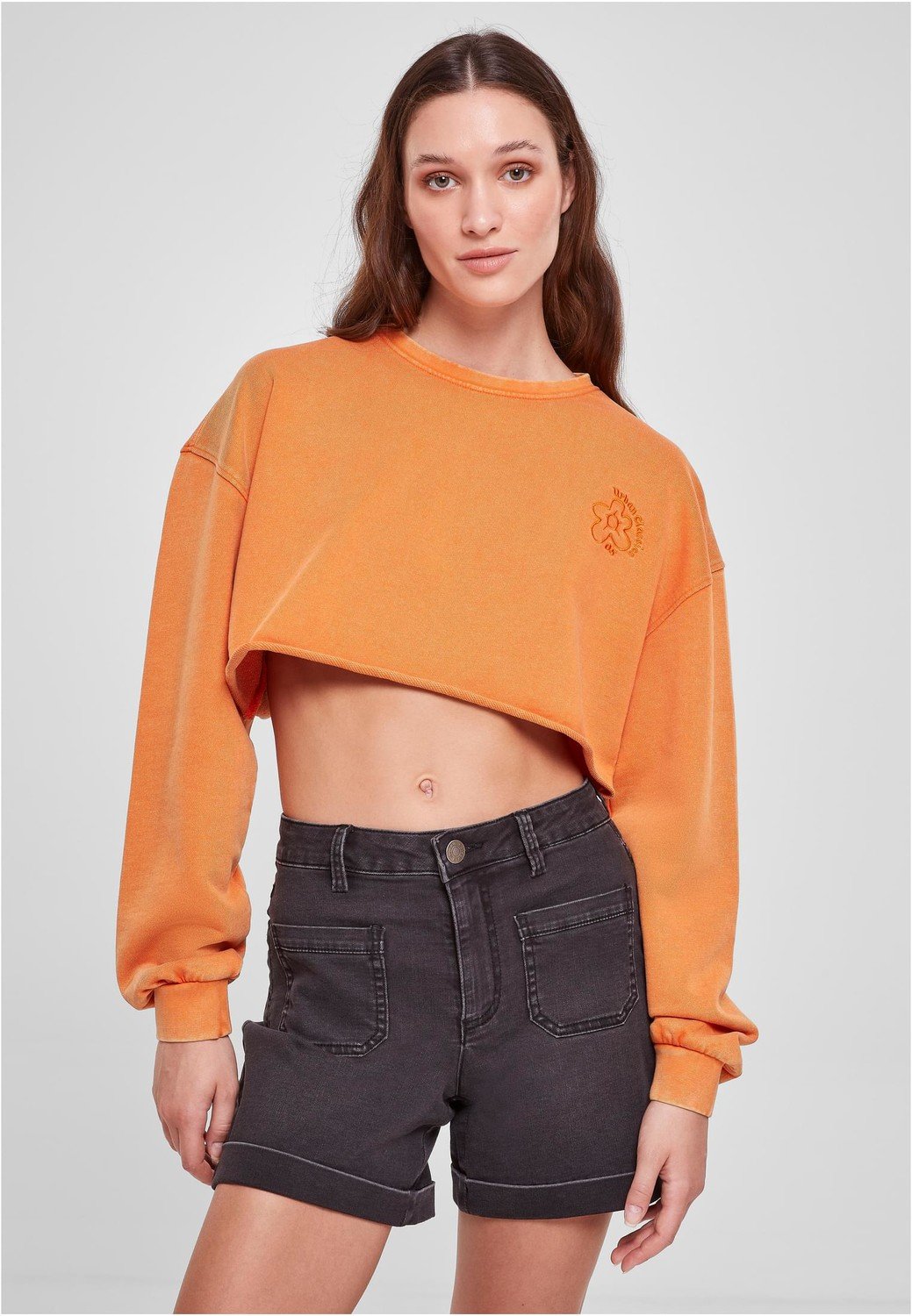 Dámská oříznutá květinová výšivka Terry Crewneck vintageorange