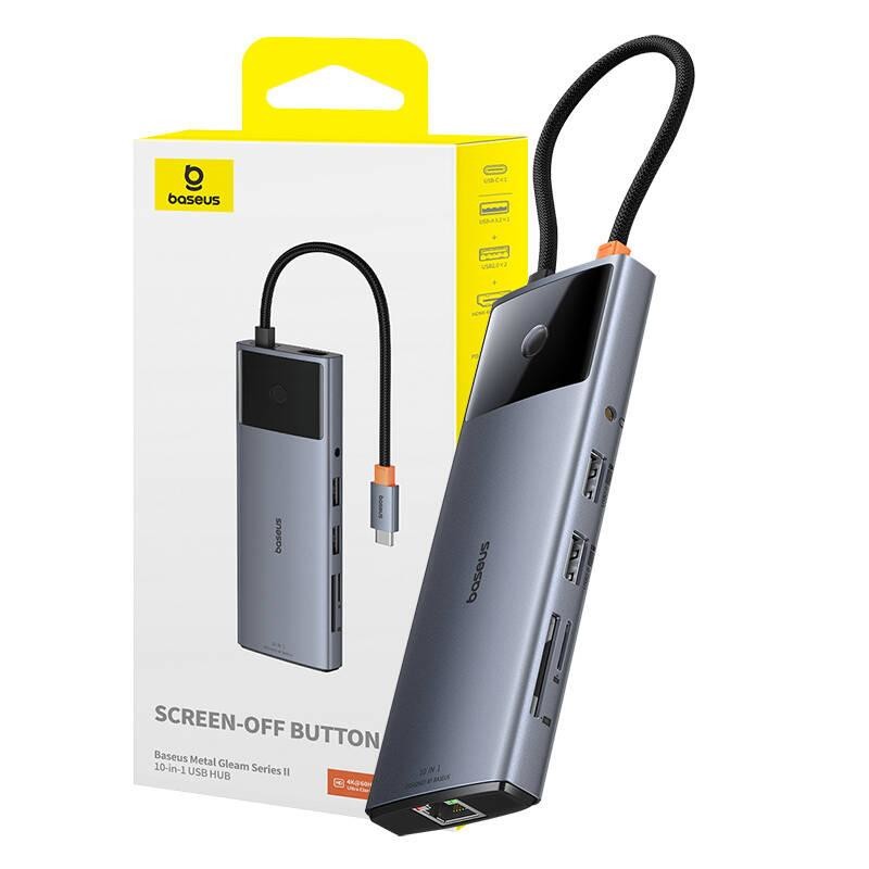 Baseus Metal Gleam II Series 10-in-1 Hub, USB-C na 1xHDMI, USB-A (10Gbps), USC-C, 2xUSB-A, Ethernet RJ45, SD/TF karta, 3,5mm mini-jack, USB-C(PD)