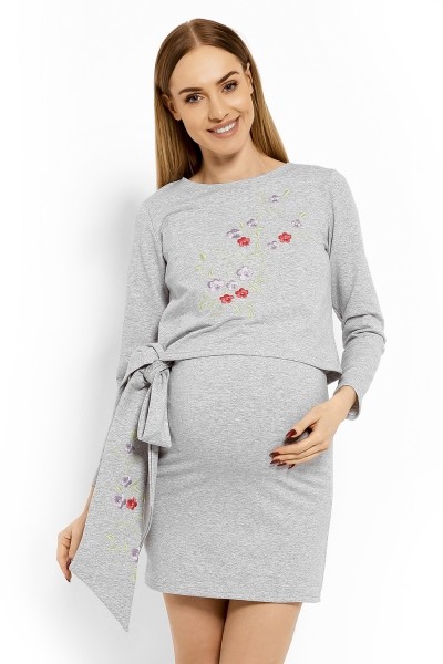 Be MaaMaa Elegantní těhotenské šaty, tunika s výšivkou a stuhou - sv. šedé (kojící) L/XL