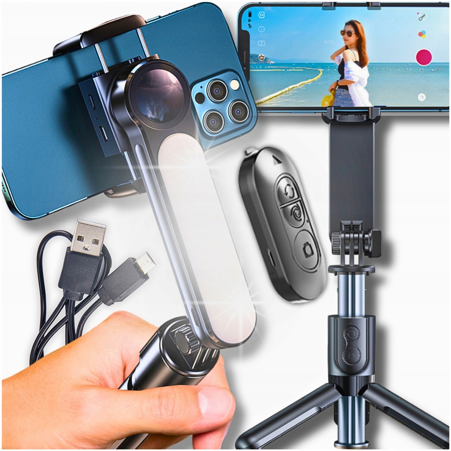 Selfie Tyč Bluetooth Lampa Tyč Gimbal Stativ Automatické Dálkové Ovládání Držák