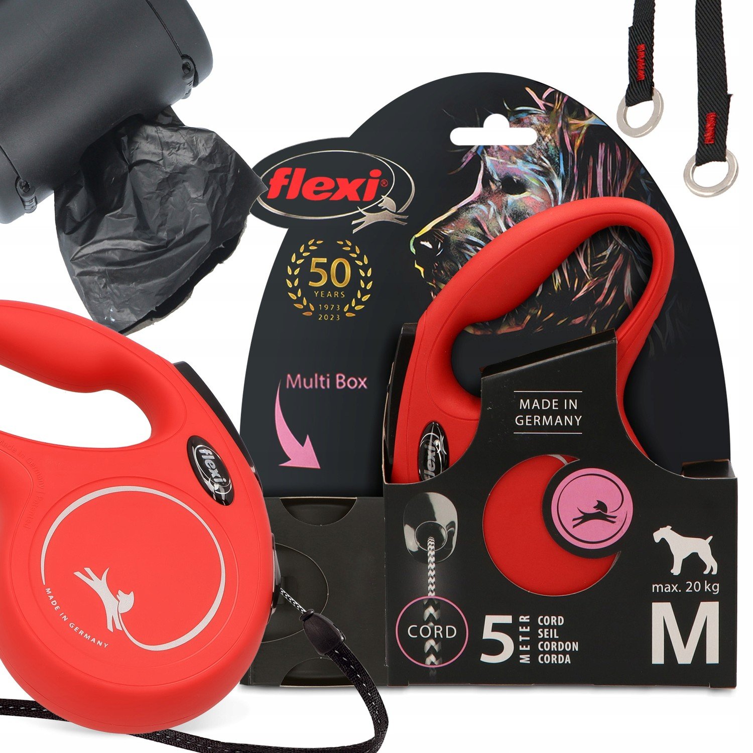 vodítko Automatické lanko Psa M 20kg 5m Kontejner Multi Box Sáčky Výkaly