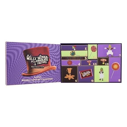 Makeup Revolution London Willy Wonka & The Chocolate Factory Advent Calendar sada lesk na rty 2 ks + oční linka 1 ks + matující papírky 1 balení + tvářenka 1 ks + bronzer 1 ks + polštářky pod oči 1 pár + paletka očních stínů 1 ks + kosmet