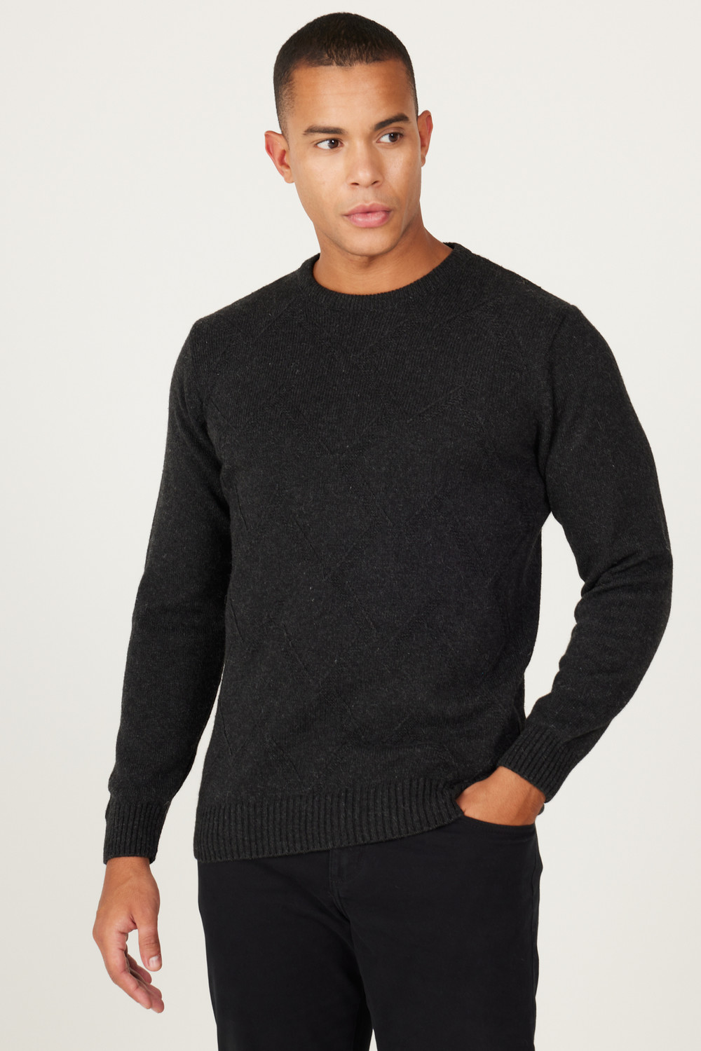 AC&Co / Altınyıldız Classics Men's Anthracite Standard Fit Normal Cut Crew Neck Jacquard Wool Knitwear Sweater.