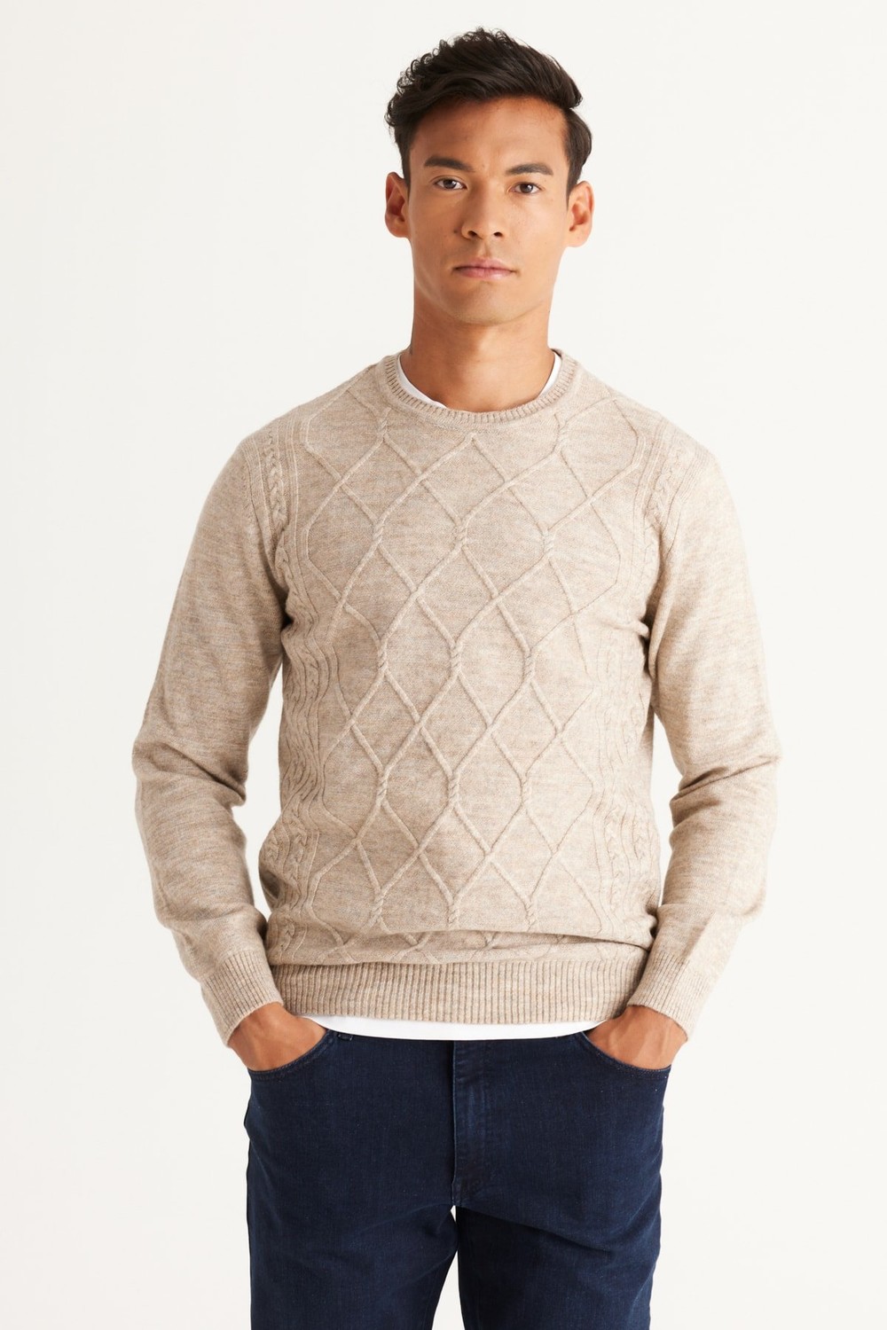 ALTINYILDIZ CLASSICS Men's Beige Melange Standard Fit Normal Cut Crew Neck Braided Knitwear Sweater.