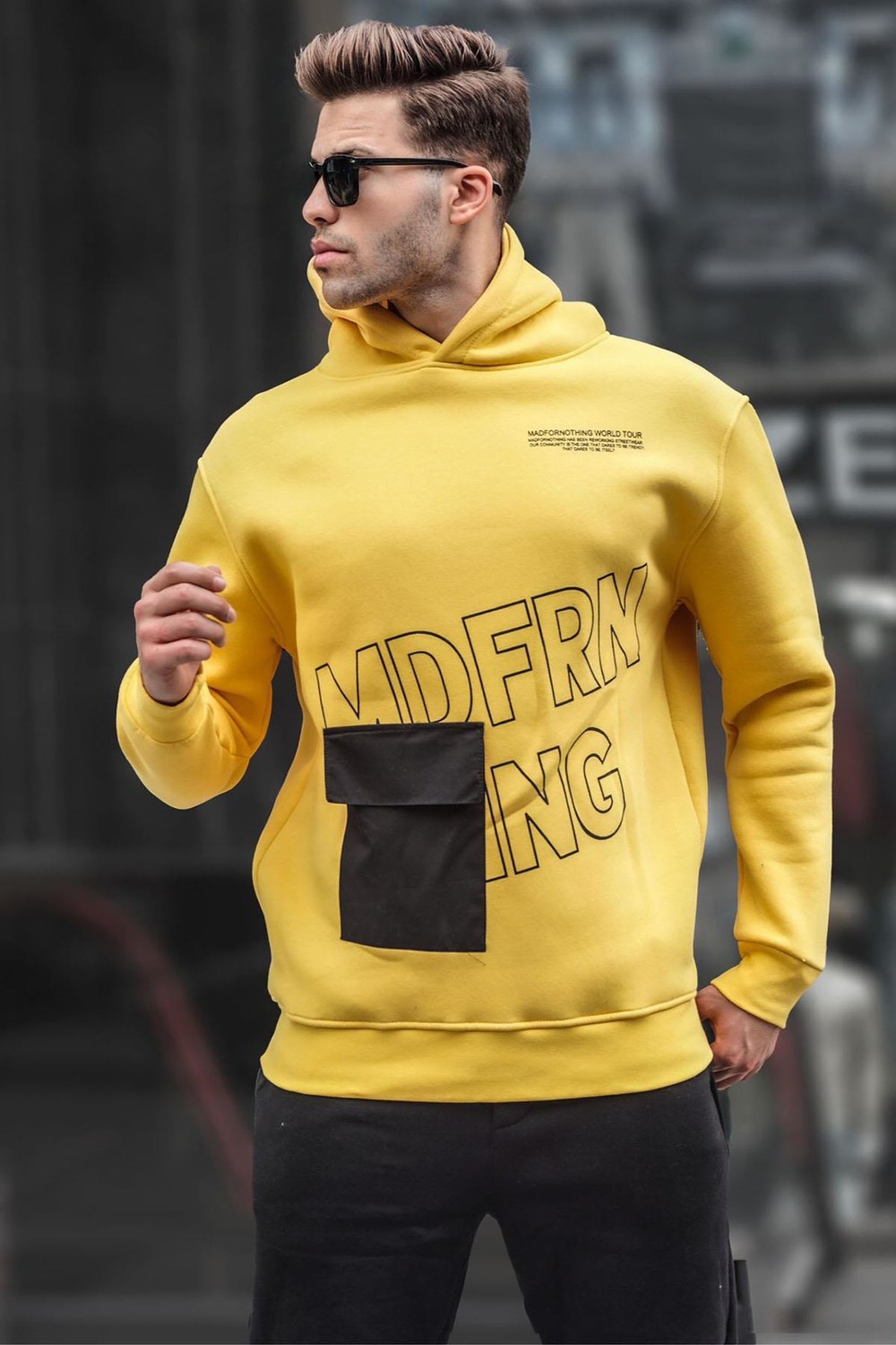 Madmext Yellow Printed Hooded Sweatshirt 6148