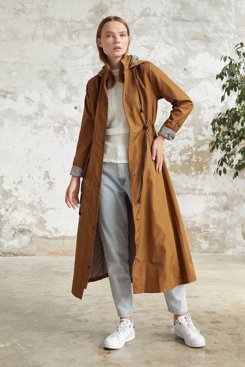 InStyle Lined Patterned Trench Coat - Tan