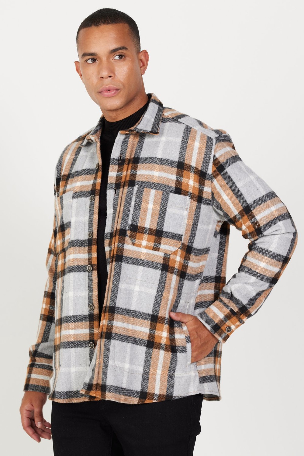 AC&Co / Altınyıldız Classics Men's Tile Gray Oversized Loose Fit Button-down Collar with Pockets Checkered Lumberjack Shirt Jacket.