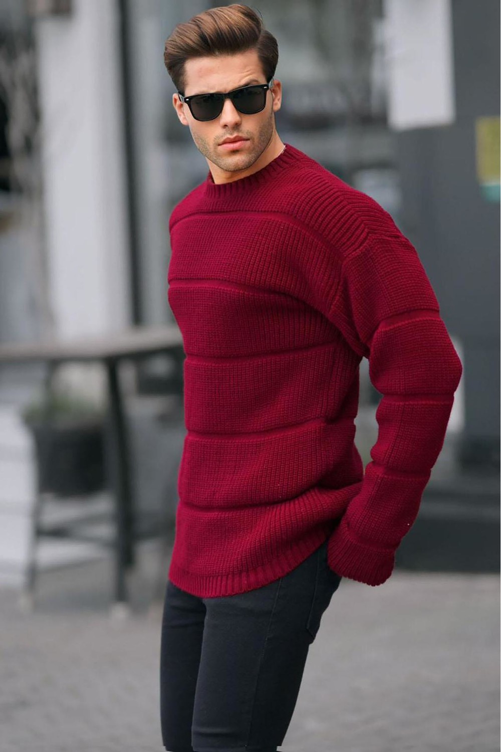 Madmext Burgundy Crew Neck Knitted Sweater 6855
