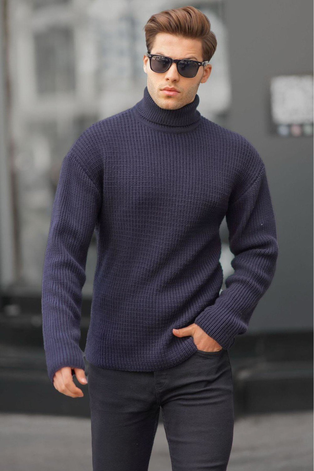 Madmext Navy Blue Turtleneck Knitted Sweater 6858