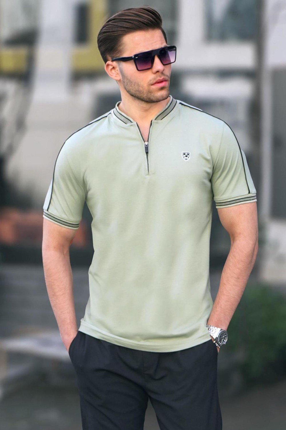 Madmext Almond Green Polo Neck Men's T-Shirt 9281