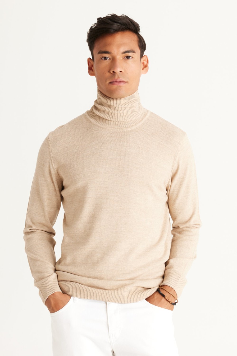 ALTINYILDIZ CLASSICS Men's Beige Standard Fit Normal Cut Anti-Pilling Full Turtleneck Knitwear Sweater.