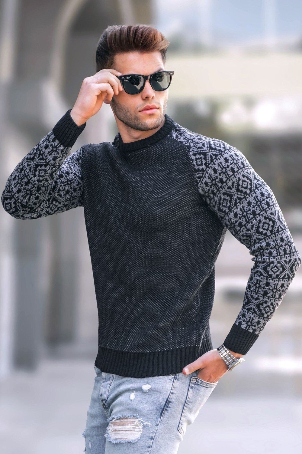 Madmext Black Jacquard Patterned Crew Neck Knitwear Sweater 5770