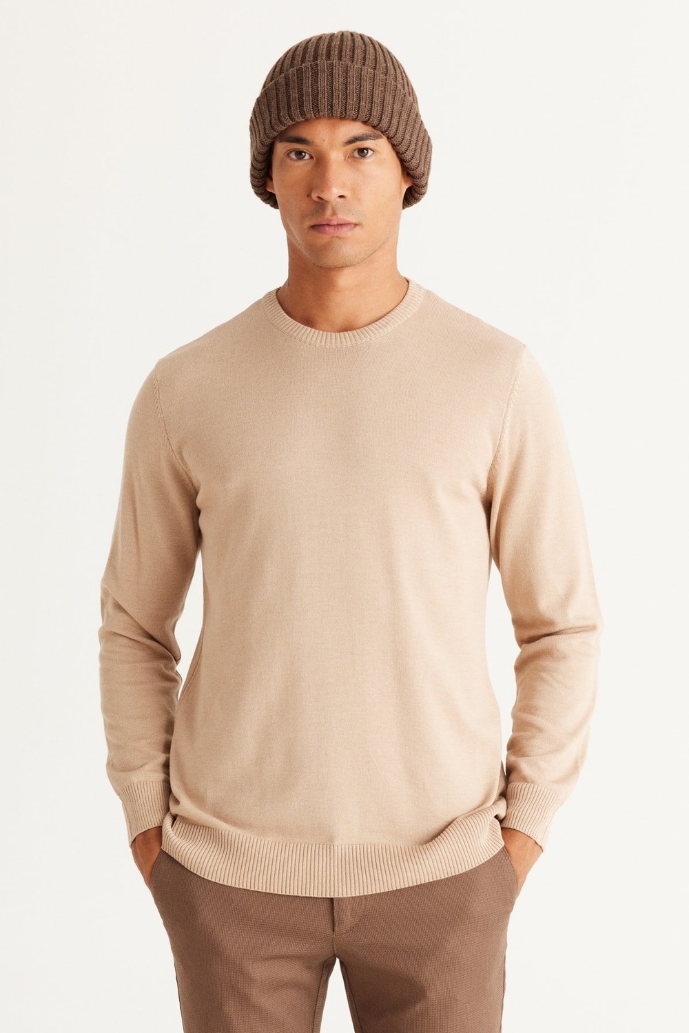 ALTINYILDIZ CLASSICS Men's Beige Melange Standard Fit Normal Cut Crew Neck Cotton Knitwear Sweater.