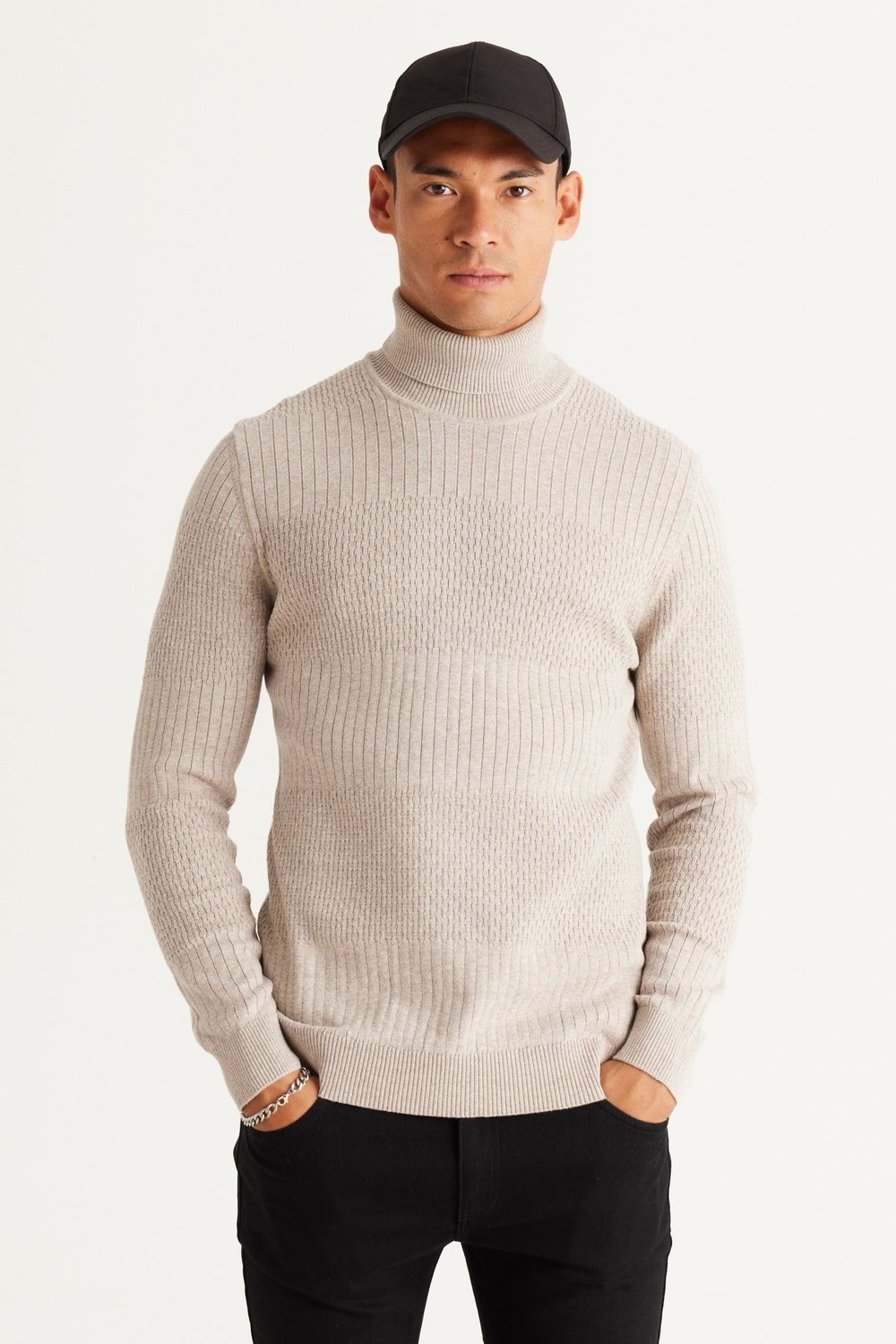 AC&Co / Altınyıldız Classics Men's Beige Melange Recycle Standard Fit Regular Cut Full Turtleneck Cotton Jacquard Knitwear Sweater.