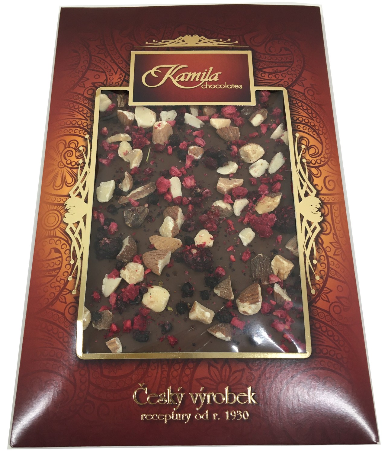 Kamila Chocolates Mléčná čokoláda s mandlemi, ostružinami a malinami 70 g