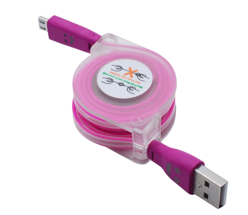 Svítící samonavíjecí kabel Micro USB - Tmavě růžový