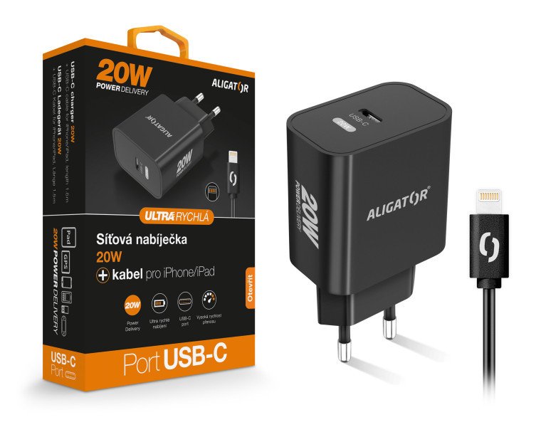 Chytrá síťová nabíječka ALIGATOR Power Delivery 20W, USB-C kabel pro iPhone/iPad, černá