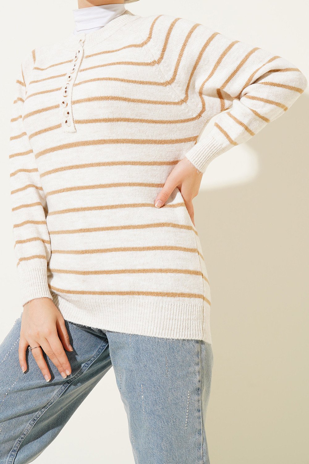 Bigdart 15808 Buttoned Sweater - Biscuit