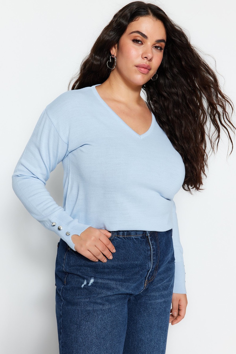 Trendyol Curve Baby Blue V-Neck Button Detailed Knitwear Sweater