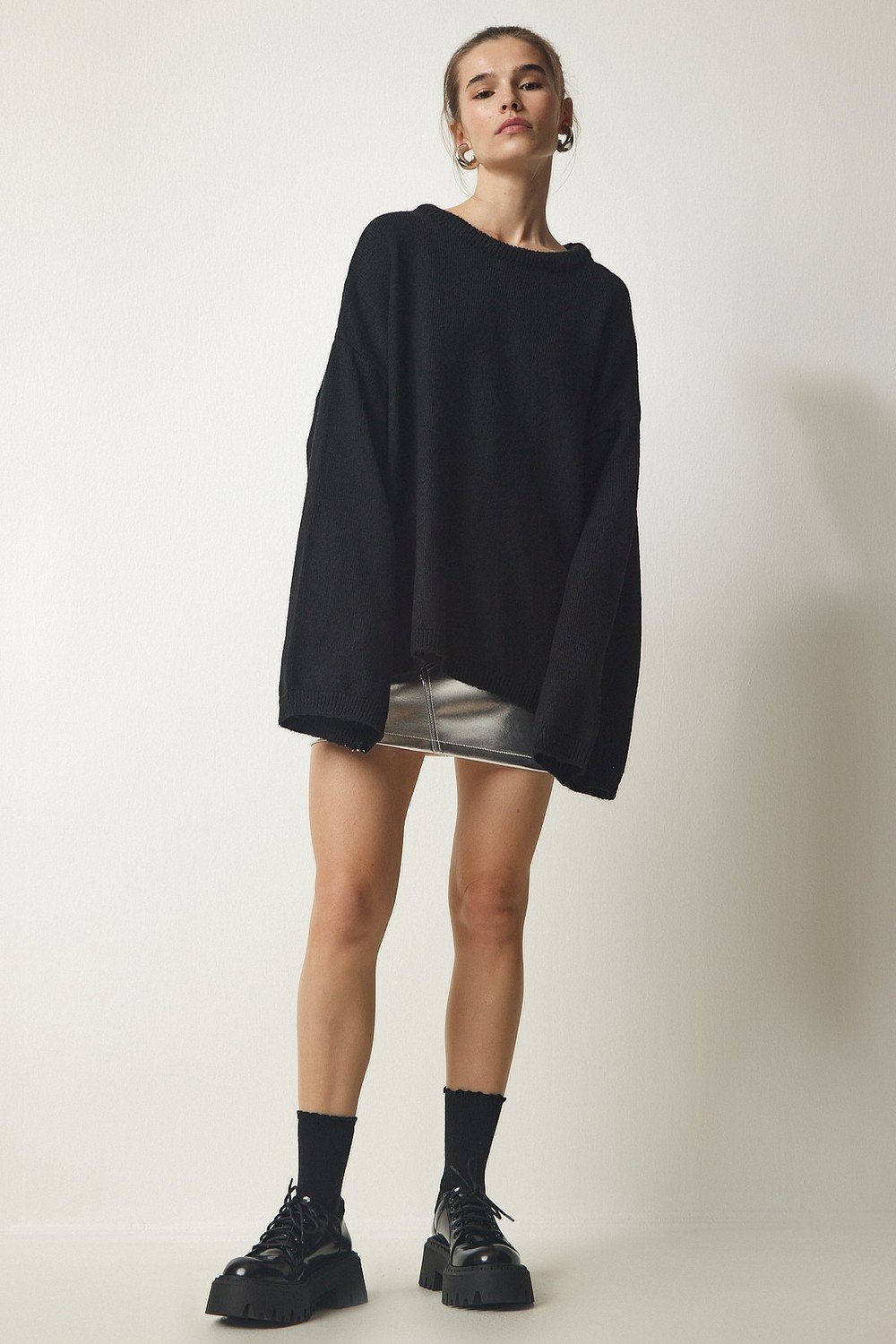 Happiness İstanbul Women's Black Oversize Basic Knitwear Sweater