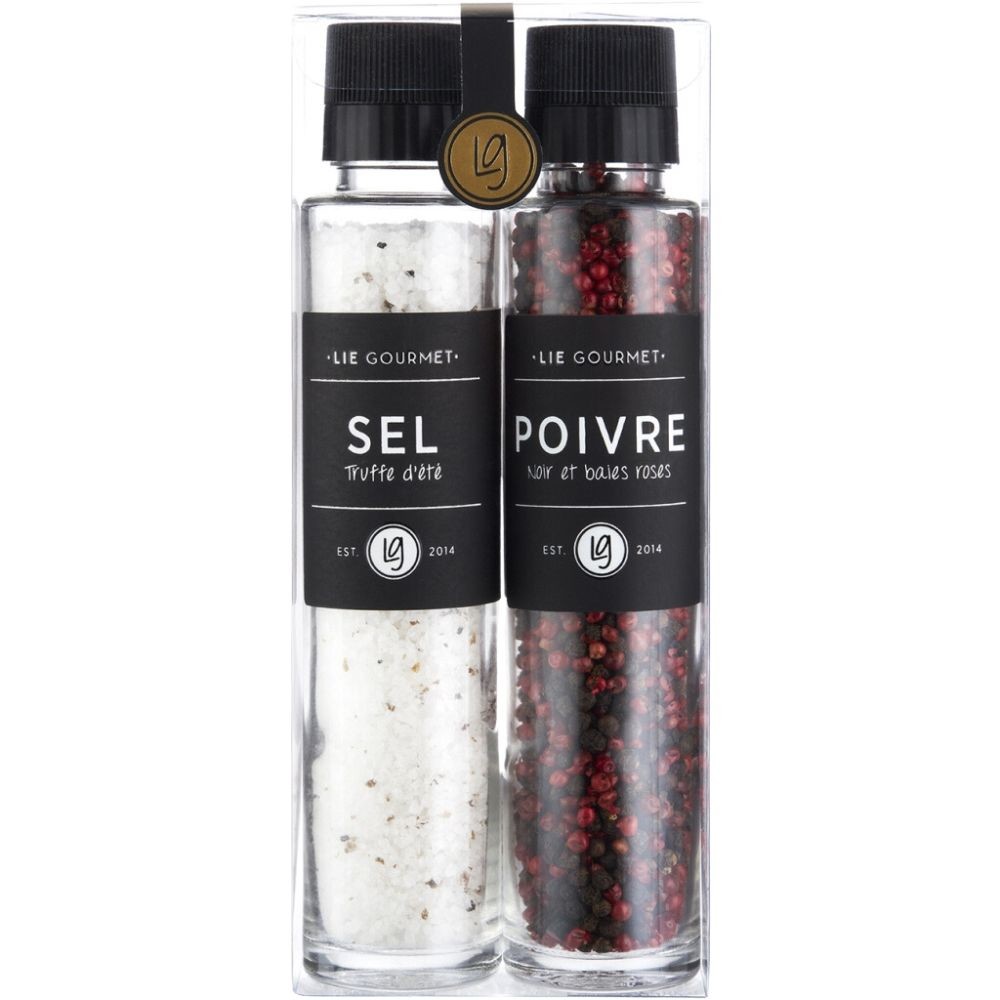 Dárková sada, lanýžová sůl a černý / růžový pepř, s mlýnky, Lie Gourmet