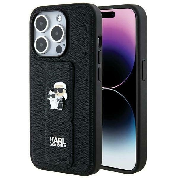 Originální pouzdro KARL LAGERFELD hardcase Gripstand Saffiano Karl&Choupette Pins KLHCP14LGSAKCPK pro Iphone 14 Pro Black