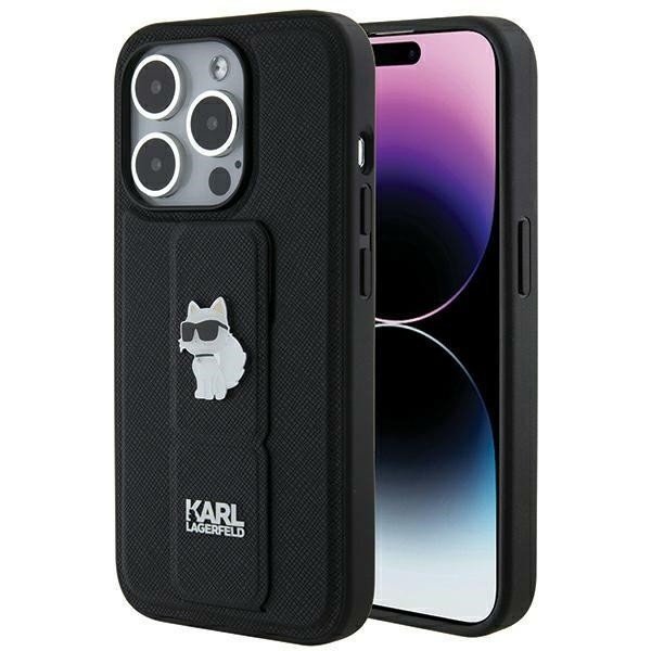 Originální pouzdro KARL LAGERFELD hardcase Gripstand Saffiano Choupette Pins KLHCP14LGSACHPK pro Iphone 14 Pro Black