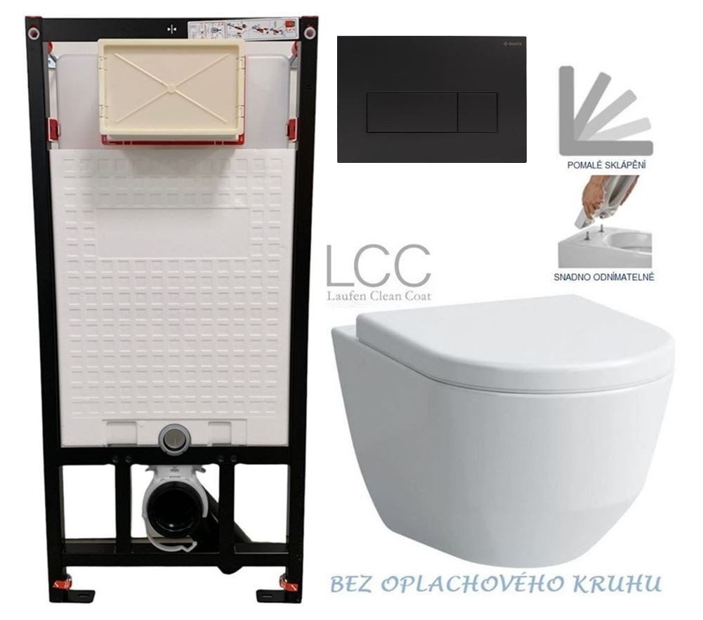 DEANTE Podomítkový rám, pro závěsné WC mísy + SLIM tlačítko černé + WC LAUFEN PRO LCC RIMLESS + SEDÁTKO CST_WC01 N51P LP2