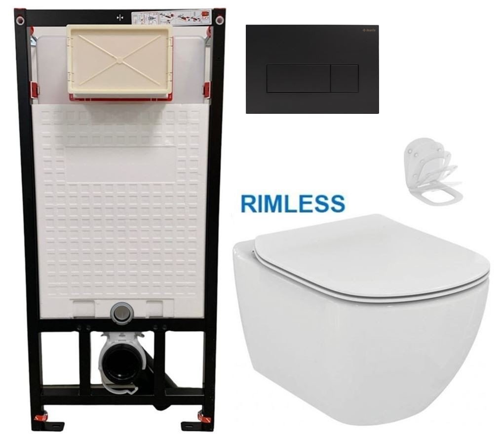 DEANTE Podomítkový rám, pro závěsné WC mísy + SLIM tlačítko černé + WC Ideal Standard Tesi se sedátkem RIMLESS CST_WC01 N51P TE2