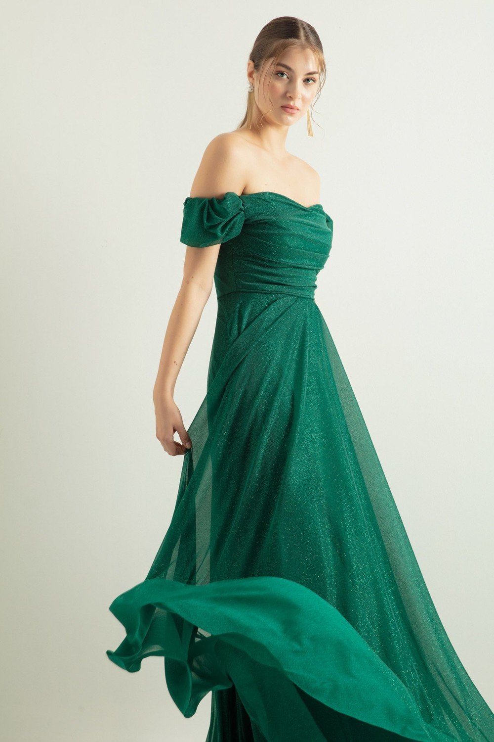 Lafaba Women's Emerald Green Boat Collar Draped Long Glittery Evening Dress with a Slit.