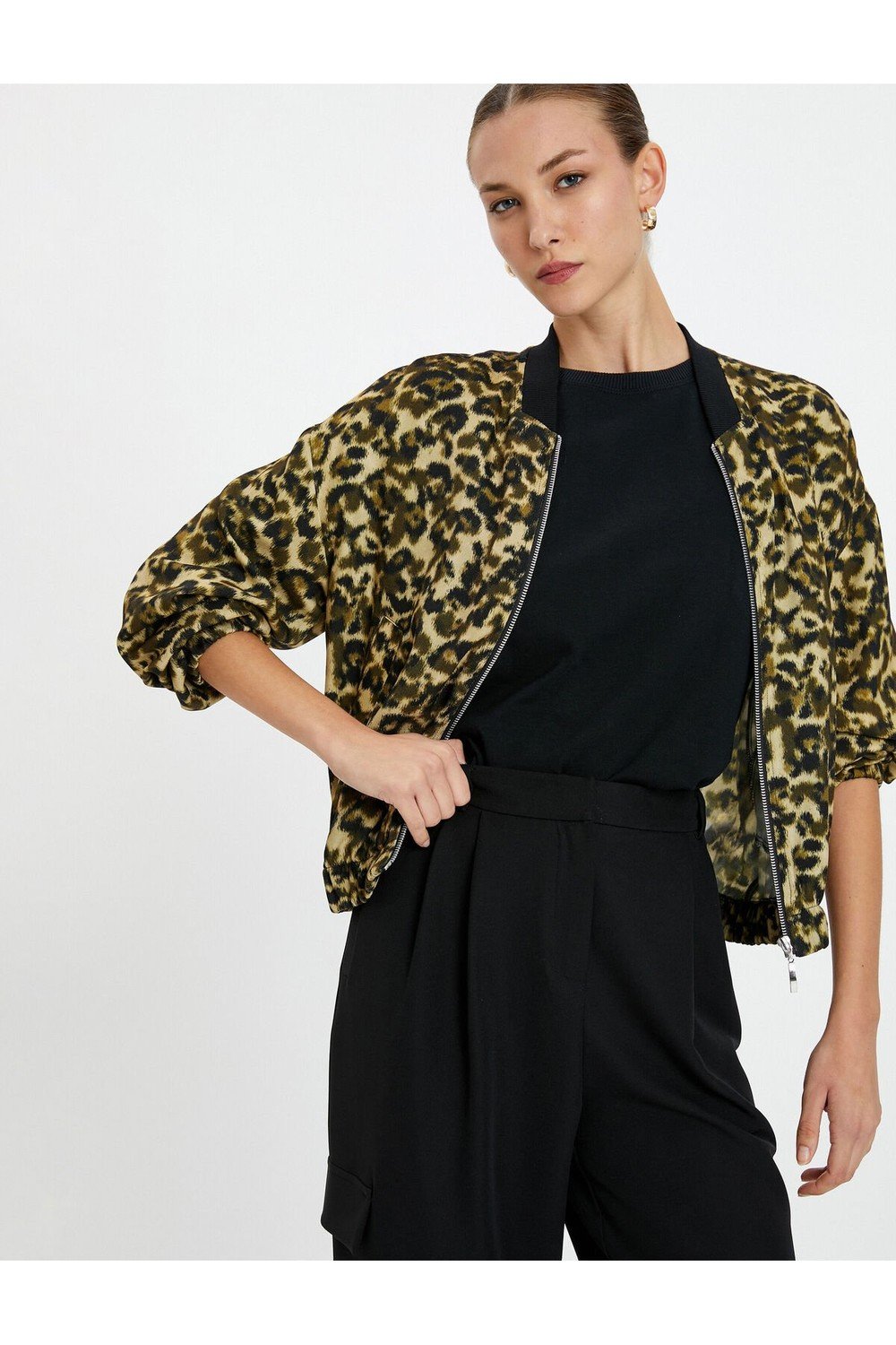 Koton Bomber Jacket Leopard Pattern Zipper Pocket Detailed